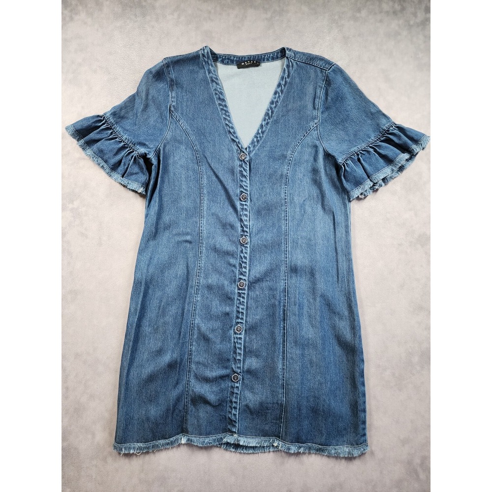 Maven Mini Dress Womens Large Blue Denim Excellent Tencel Raw Hem Fringe Boho
